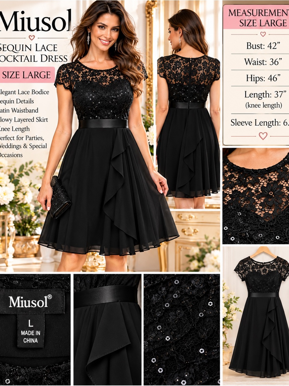 Miusol Black Sequin Lace Midi Dress